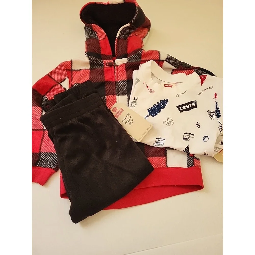 NWT Levi's Baby 24 months 3 Piece‎ Outfit Set Plaid Hoodie Top Pants